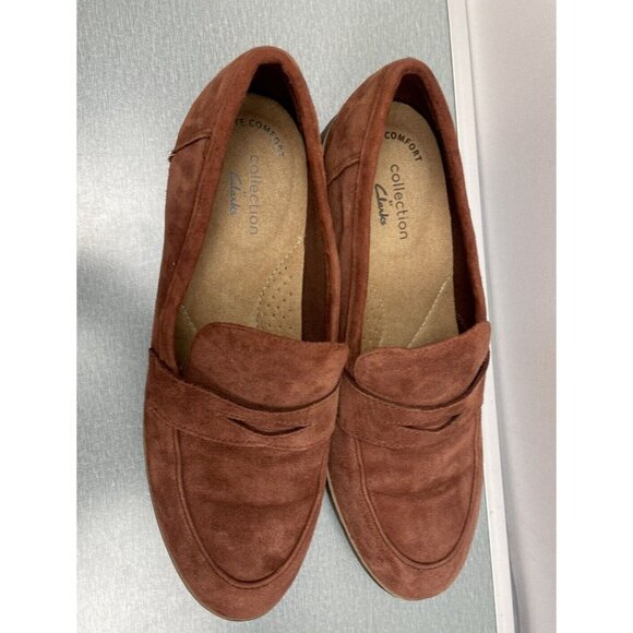 WOMEN'S Clarks Ultimate Comfort Brown Suede Penny Loafers Size 6.5 Flats Shoes - Picture 9 of 15